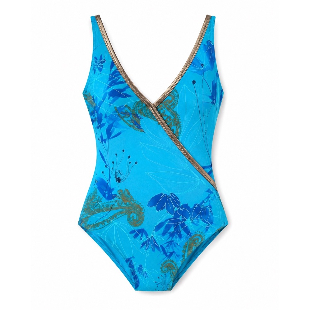 Gottex One Piece Swimsuit Women 14 Blue Floral Paisley Metallic Trim Surplice